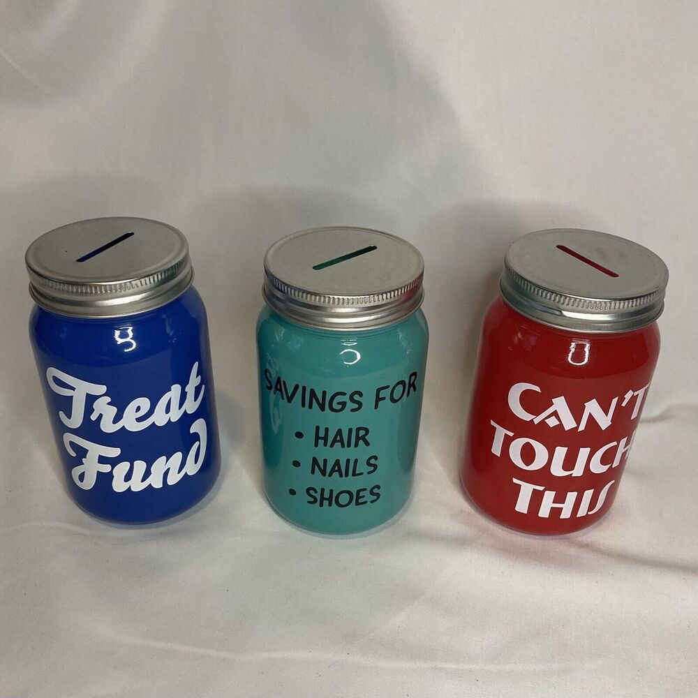 New Piggy Bank Coin Savings Glass Jar Slotted Lid Money Funds Novelty Set Of 3